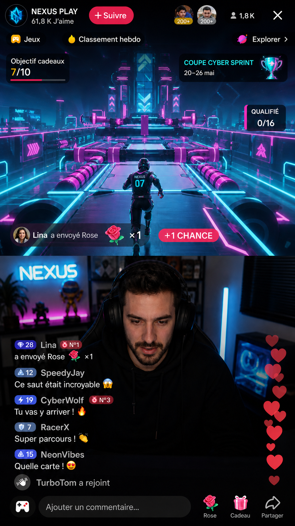 Écran TikTok Gaming LIVE en français avec jeu fictif, facecam, objectif, cadeau interactif, chat et commandes
