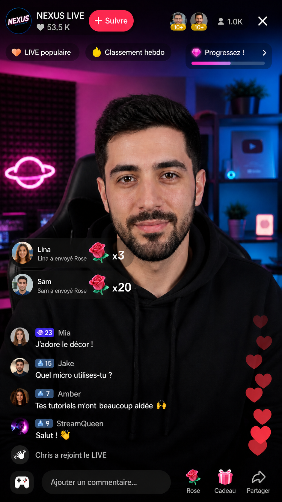 Reconstitution en français d’un écran TikTok LIVE avec créateur fictif, chat, cadeaux, classement et commandes