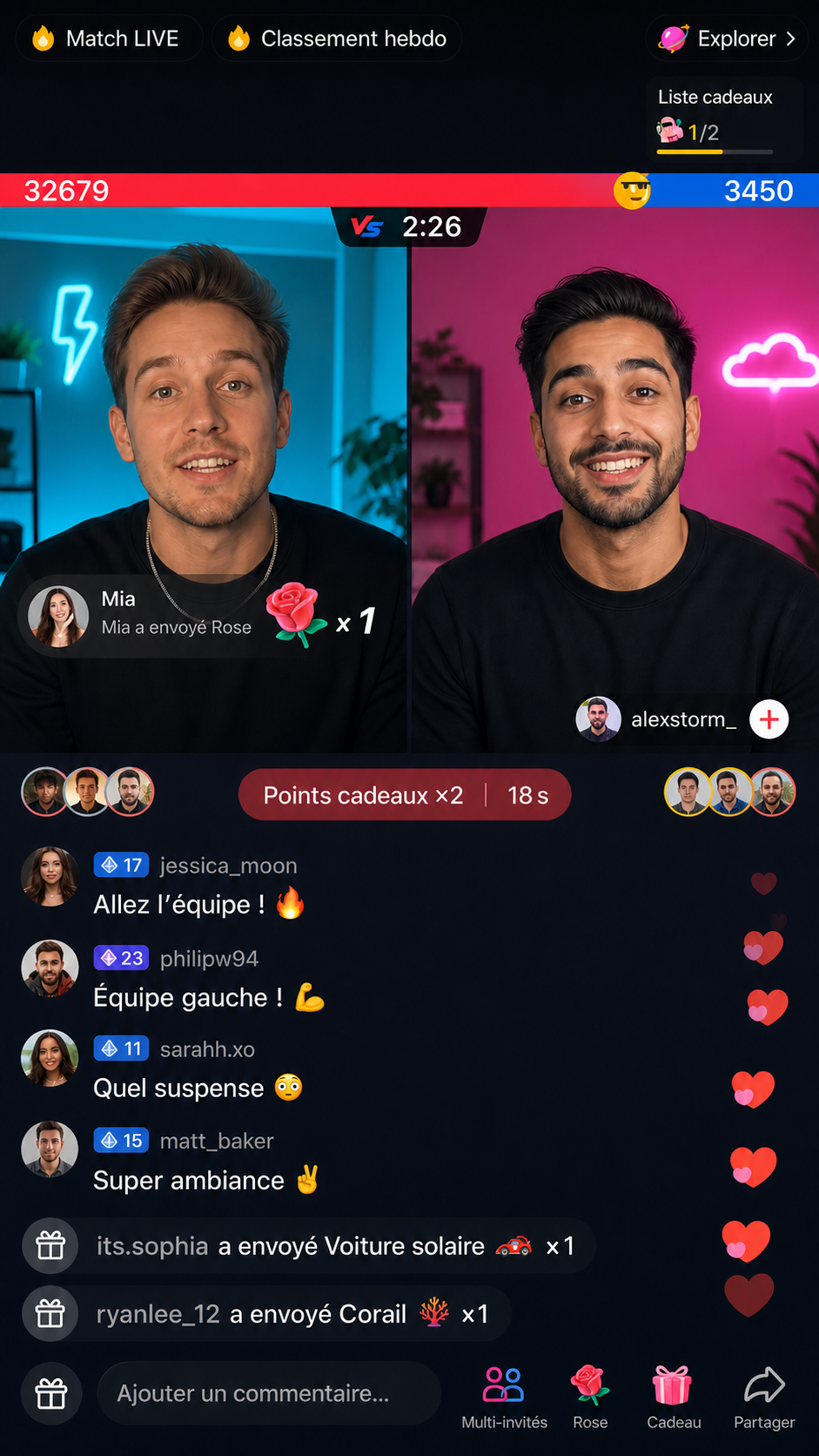 Reconstitution en français d’un écran TikTok LIVE Match avec score, chronomètre, cadeaux, chat et créateurs fictifs